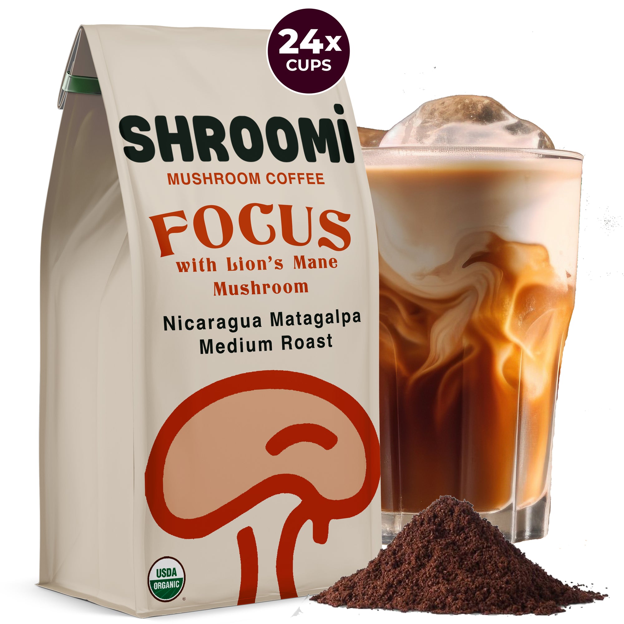 Shroomi Mushroom Coffee Focus packaging with a glass of coffee and coffee grounds on a white background